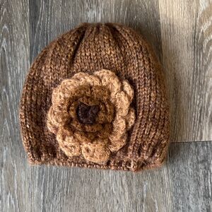 Brown Knit Beanie with Flower Accent